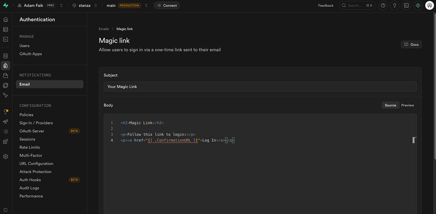 The Supabase email settings page shows a basic HTML code block for the login message. The Supabase email settings page shows a basic HTML code block for the login message.