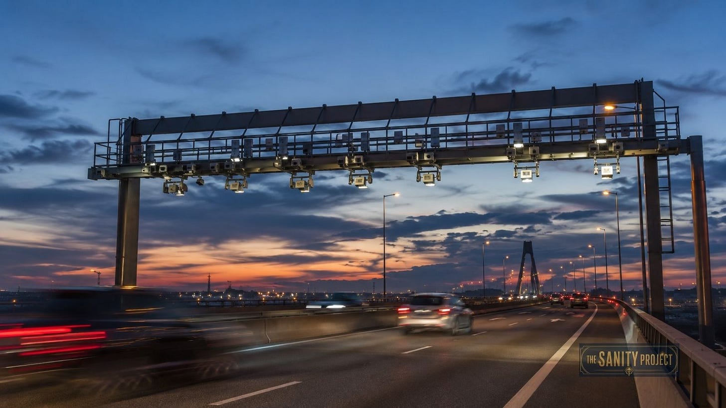 Trucks crossing the Gordie Howe Bridge at sunrise