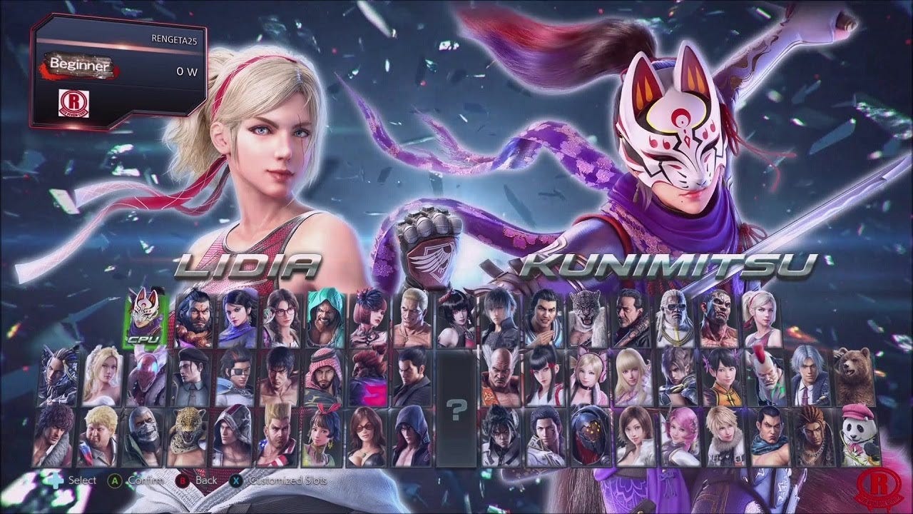 Screenshot aus dem Spiel "Tekken 7" (2017) von Bandai Namco. Zu sehen ist das Figurenwahl-Menü mit allen 51 Charakteren. Der Hintergrund ist dunkelblau-grau-weiß und sieht nach zersplittertem Glas in der Nacht aus. Ausgewählt sind und größer angezeigt werden die weiblich lesbaren Figuren Lidia (links) und Kunimitsu (rechts). Lidia hat schulterlange, blonde Haare und trägt ein langes, dünnes rotes Haarband, dessen Enden so aussehen, als wehe es im Wind. Sie hat eine senkrechte Narbe an ihrem linken Auge und schaut freundlich in die Kamera. Kunimitsu trägt eine weiß-schwarz-rote Fuchsmaske, unter der ihr Gesicht nicht zu sehen ist, und einen lila Kimono mit wehenden Bändern, von dem die Schultern zu sehen sind. In der linken Hand hält sie ein quer vor die Brust gehaltenes Schwert.
