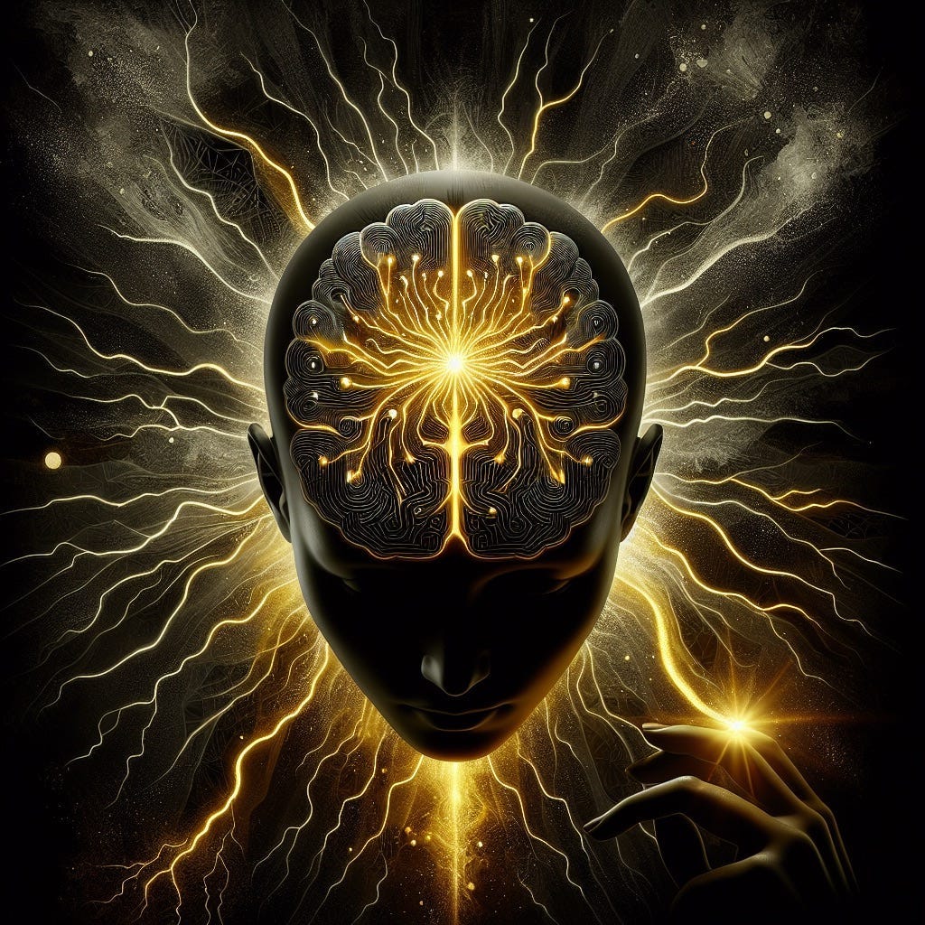 AI art of a dark human head and mind with all its wiring electrified in dazzling yellow streaks AI art of a dark human head and mind with all its wiring electrified in dazzling yellow streaks