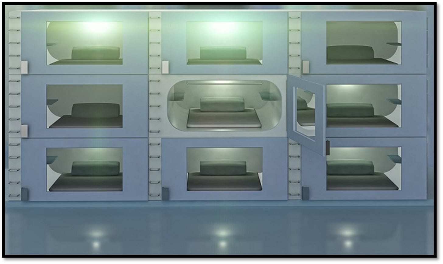 Capsule hotel in Japan. Eerily like a morgue.