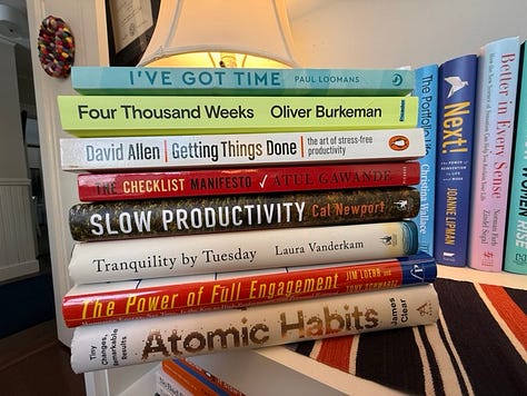 stacks of books on boundaries, equal partnership, parenting, adult learning, women's health, time management, leadership, self-discovery