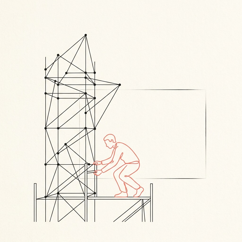 A coral line-art figure adjusts elaborate geometric scaffolding while an empty building outline waits to the right — illustrating AI time spent on setup instead of actual output.
