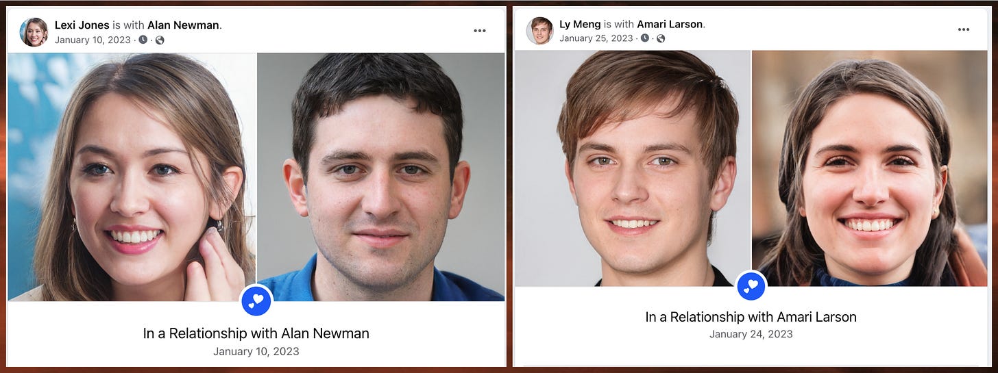 screenshots of Facebook relationship status change posts indicating that two pairs of accounts are in relationships: Lexi Jones and Alan Newman, and Ly Meng and Amari Larson