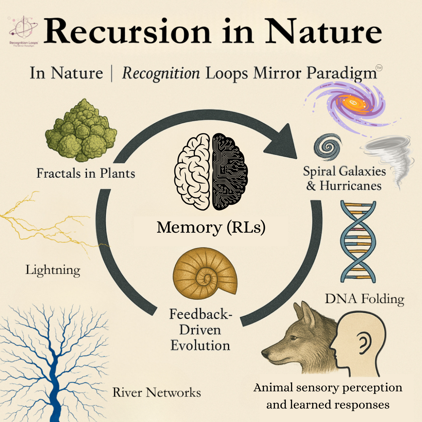 An infographic titled “Recursion in Nature” showing how recognition loops (RLs) and memory mirror recursive patterns across the natural world. At the center is a brain, half organic and half digital, labeled “Memory (RLs).” Surrounding it in a circular flow are examples of recursion: fractals in plants, lightning, river networks, spiral galaxies and hurricanes, DNA folding, feedback-driven evolution, and animal sensory perception with learned responses.