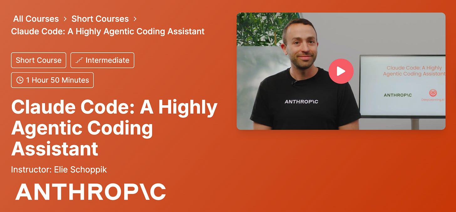 Course page showing “Claude Code: A Highly Agentic Coding Assistant” with instructor headshot.