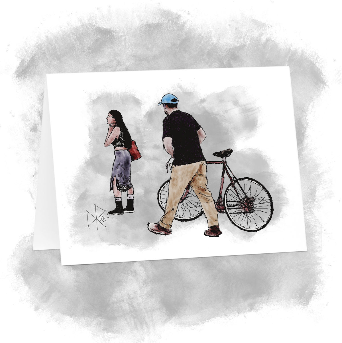 A man pushes his bicycle after a breakdown, as a woman waits at the street corner for the light to change. Sketch art by Don Rice. A man pushes his bicycle after a breakdown, as a woman waits at the street corner for the light to change. Sketch art by Don Rice.