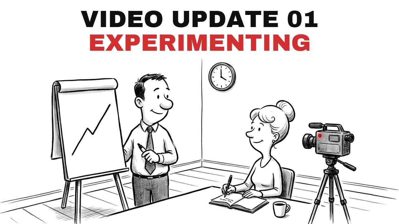 Video Update 01, Experimenting. Hand-drawn cartoon: the man at a flip chart, the woman takes notes, a video camera films them.
