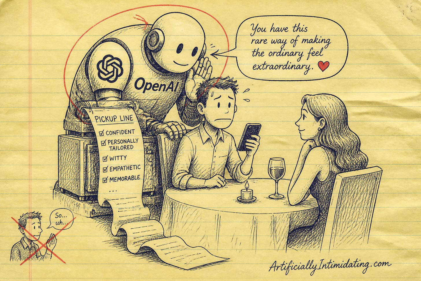 Editorial cartoon: a robot labeled OpenAI acts as a Cyrano, whispering a scripted pickup line to a nervous dater holding a phone while his real self is crossed out. Editorial cartoon: a robot labeled OpenAI acts as a Cyrano, whispering a scripted pickup line to a nervous dater holding a phone while his real self is crossed out.