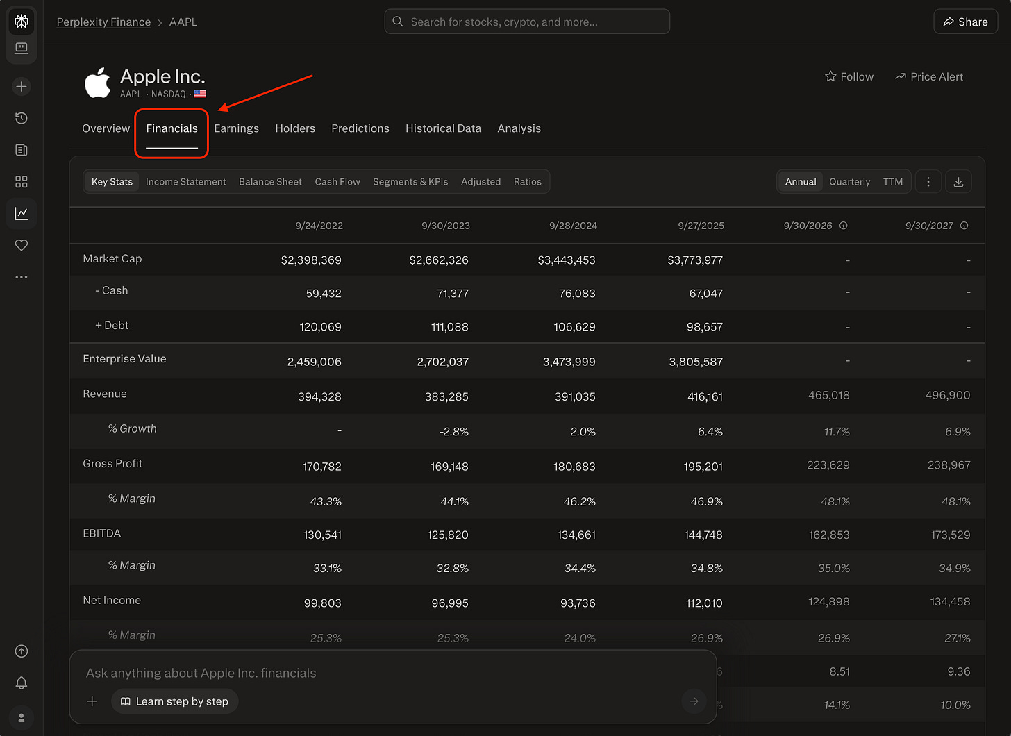 Financials tab in Finance for AAPL
