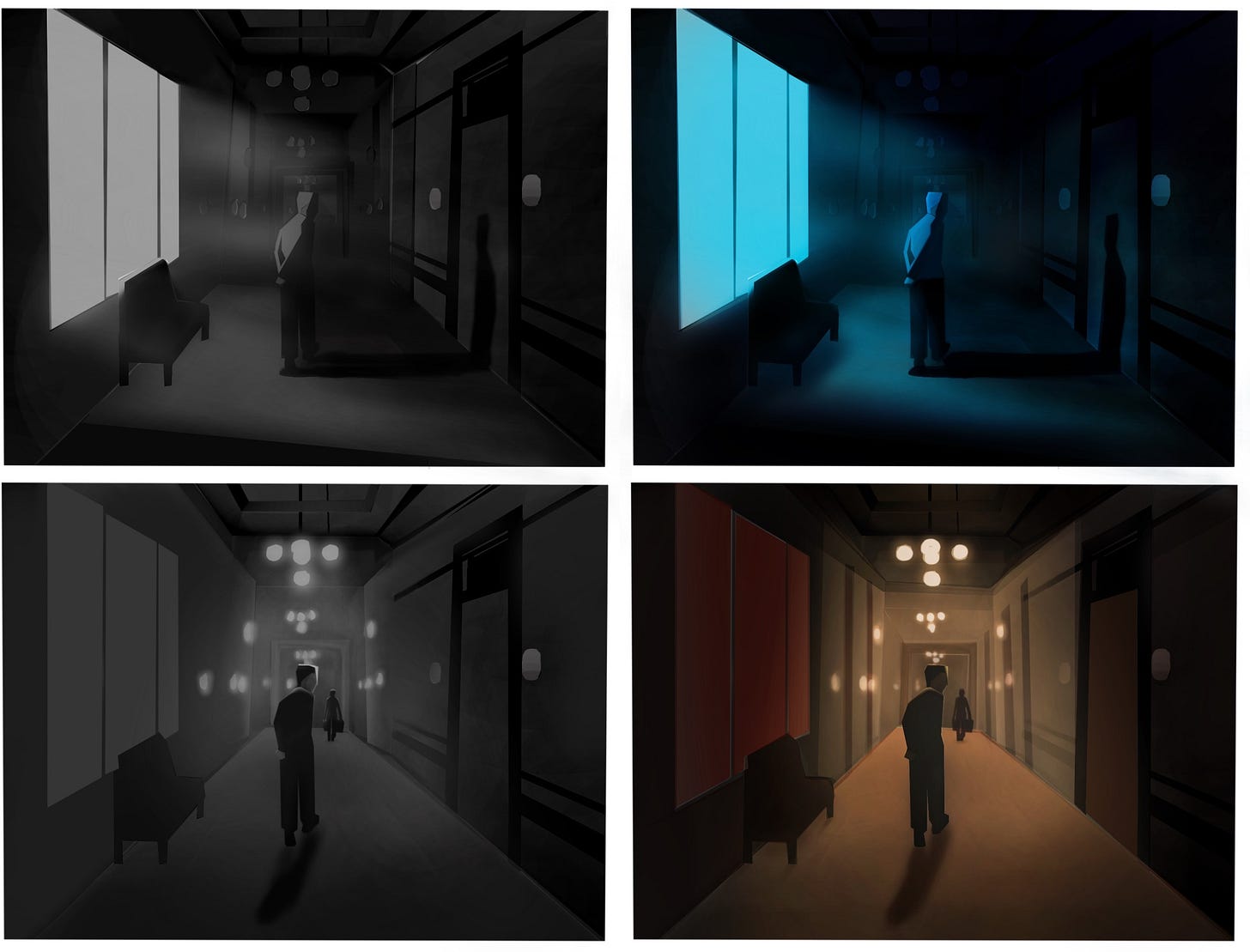 Painted a moonlit and shadowy lit version of a film still from Grand Budapest Hotel