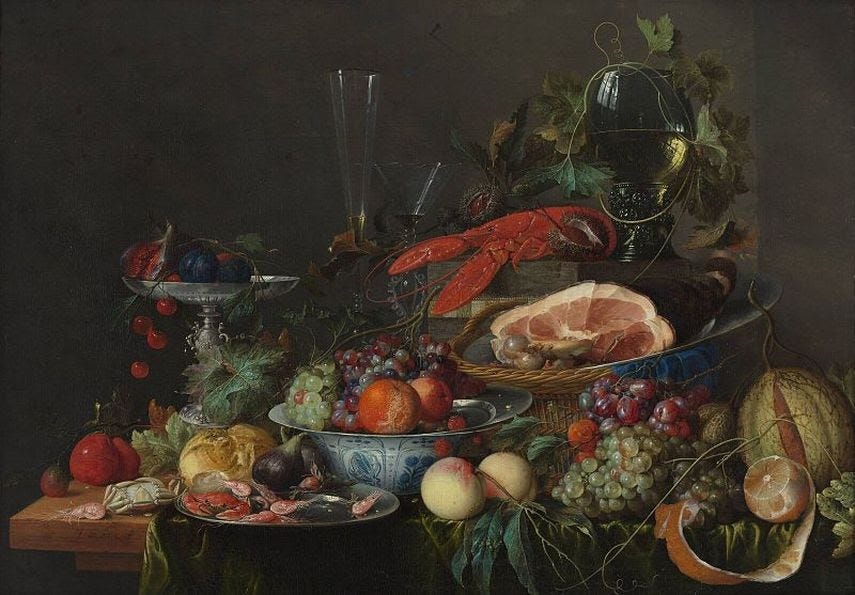 Jan Davidsz de Heem - Still life with ham, lobster and fruit, circa 1653. Jan Davidsz de Heem - Still life with ham, lobster and fruit, circa 1653.