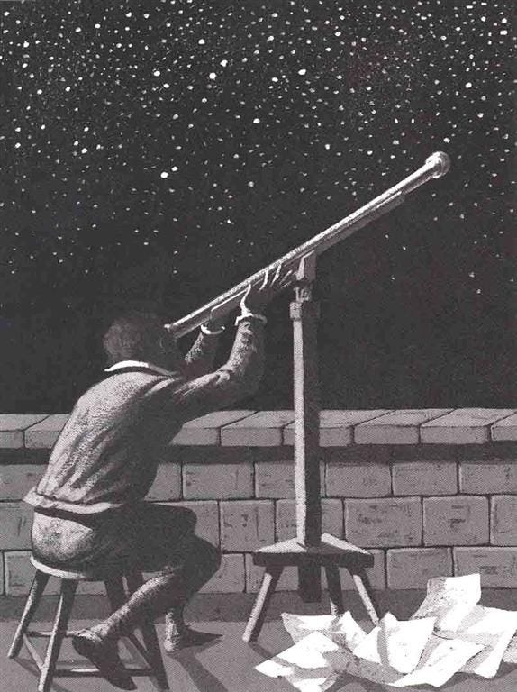 This may contain: a man sitting on a chair looking at the stars with a telescope in his hand