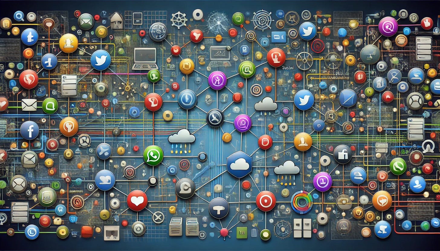 A detailed visualization of interconnected applications, represented by colorful nodes and lines. The nodes vary in size and shape, representing different types of apps such as social media, cloud storage, messaging, productivity tools, and e-commerce platforms. The connections between them are shown by lines and pathways, symbolizing data flows, APIs, or integrations. The background is a dark blue, giving contrast to the vibrant colors of the nodes, with some subtle tech-inspired abstract patterns or grids in the backdrop to emphasize the network structure.