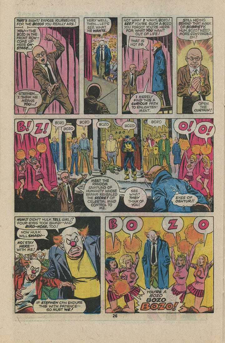 comic book front cover and sample pages, featuring the Incredible Hulk, and unnamed characters made up like clowns