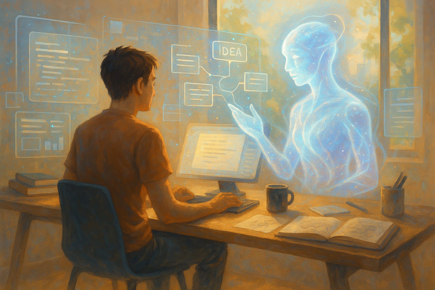 A person sits at a bright desk, working side-by-side with a glowing AI assistant made of light and data. Floating screens and ideas surround them, symbolizing a peaceful, thoughtful collaboration between human creativity and artificial intelligence.