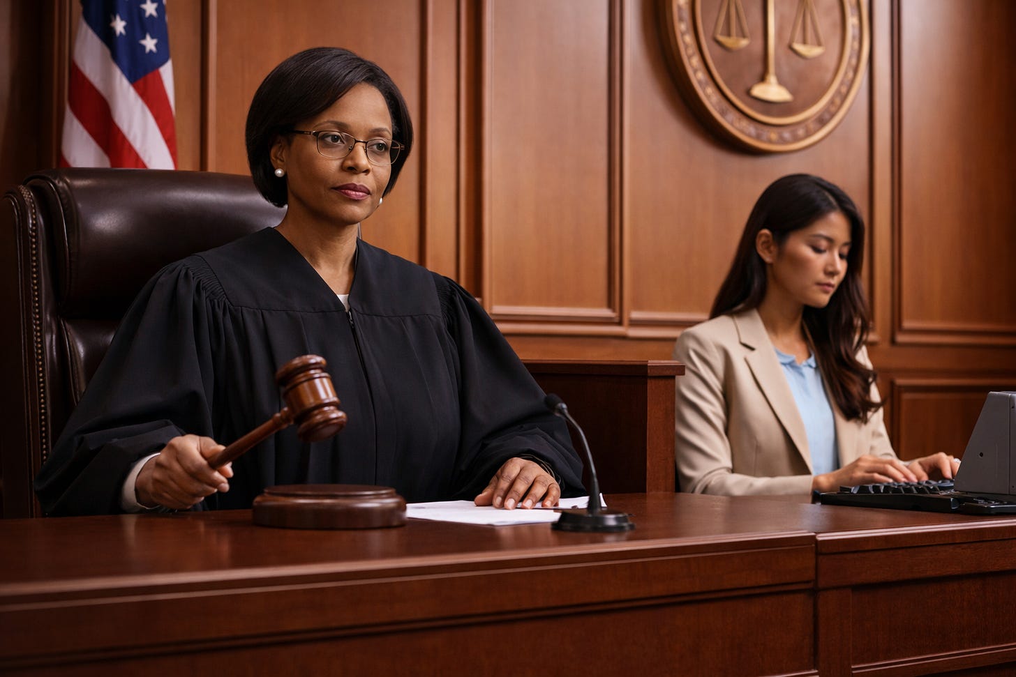 Middle-aged black woman judge sittw at the front of the courtroom with an Asian stenographer typing next to her.