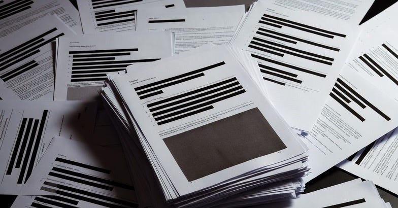A photograph of redacted files scattered on a dark surface, creating a mysterious and somber mood.