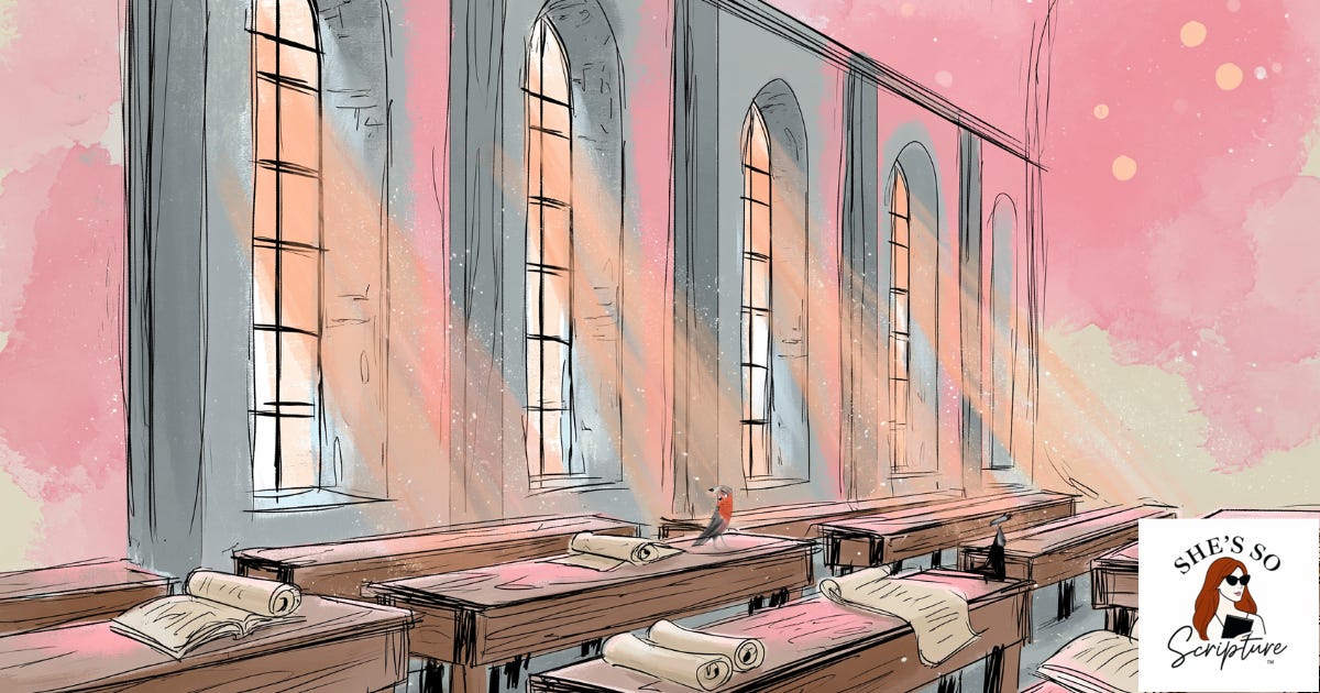 Illustrated ancient study hall with wooden benches, open scrolls, and warm light streaming through stone arch windows in blush pink and cream watercolor tones