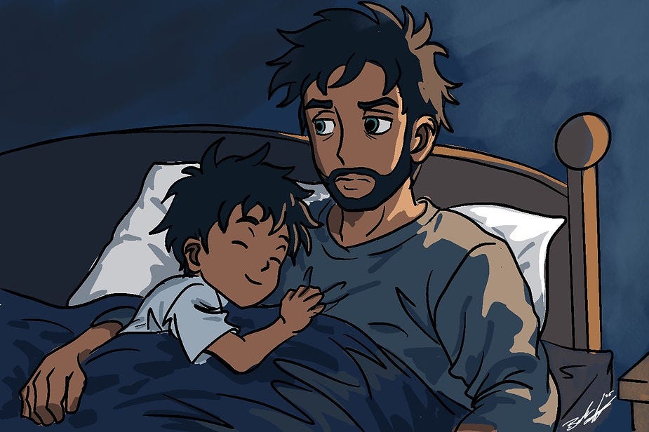 A man with a beard and a child cuddle in bed under a blue blanket. The child sleeps peacefully, while the man appears thoughtful. A man with a beard and a child cuddle in bed under a blue blanket. The child sleeps peacefully, while the man appears thoughtful.
