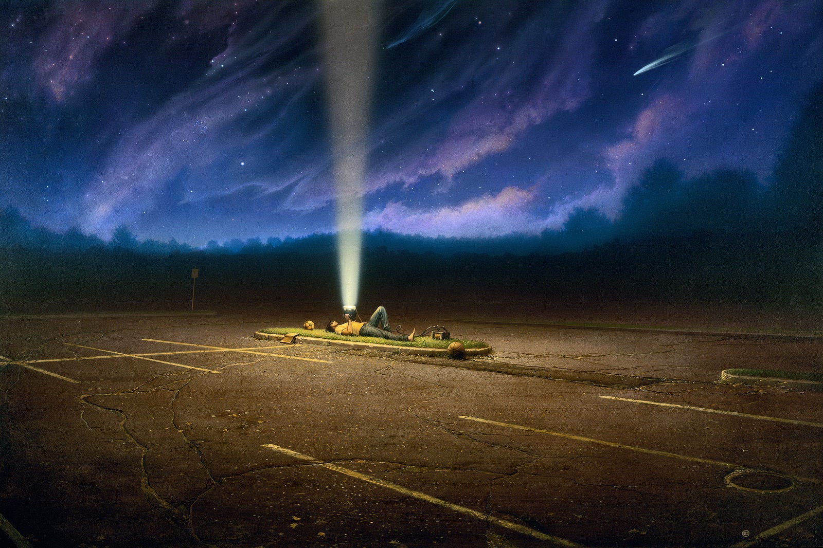 In a desolate parking lot, a young man in jeans and t-shirt lies back on a grassy island to shine a spotlight straight up into the night sky. Sparsely stippled, the heavens are awash in celestial vision as if touched by the clouds of a nebulae, rendered delicately in lavender over dark blue. Power runs from the light the man holds to a nearby car battery where jumper cables are clamped to the terminals. Fanned facing down, a book lies discard on the curb next to a soccer ball, which lies in the grass just beyond the man's head. Below the curb at his feet, a basketball rests on the cracked blacktop.