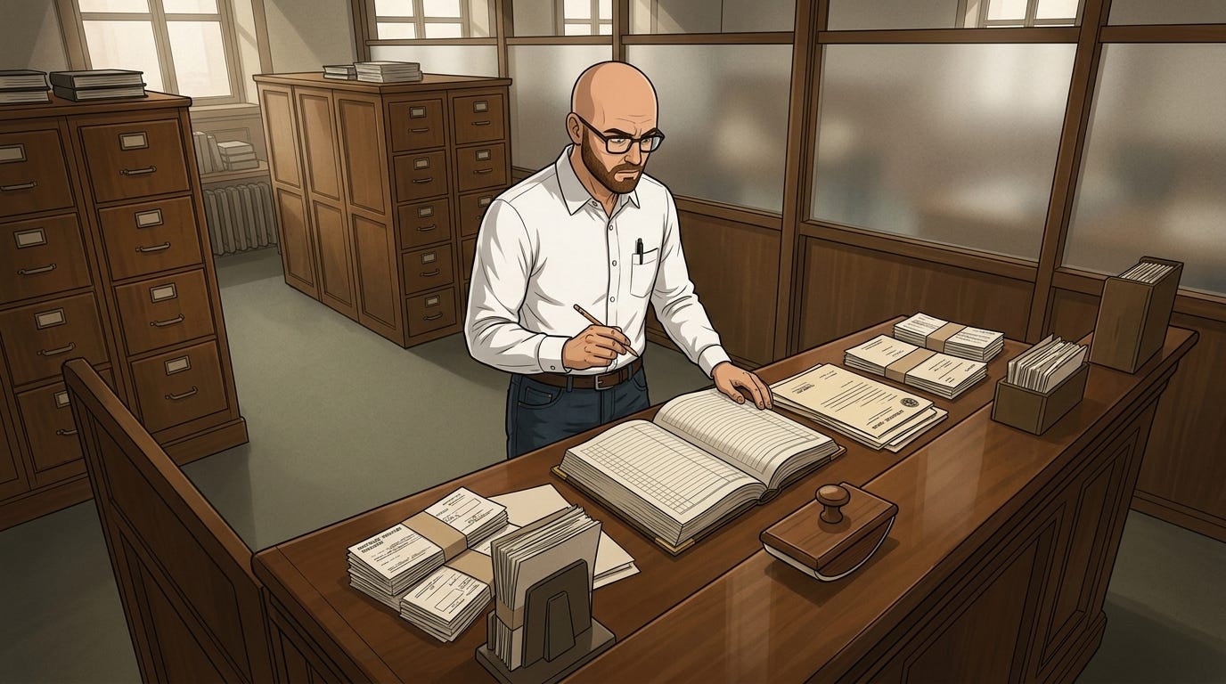 The investigator stands alone in an archival 1962 records office, pointing a drafting pencil at an open direct-lending ledger beside bundles of paper mortgage vouchers. The investigator stands alone in an archival 1962 records office, pointing a drafting pencil at an open direct-lending ledger beside bundles of paper mortgage vouchers.