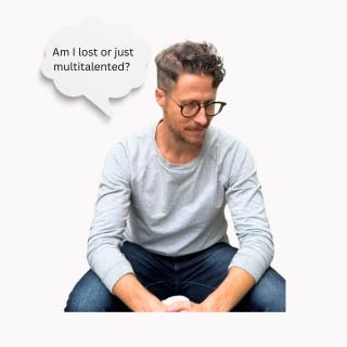Author Stephen Belenky sitting thoughtfully, looking down, with a speech bubble that reads: “Am I lost or just multitalented?”