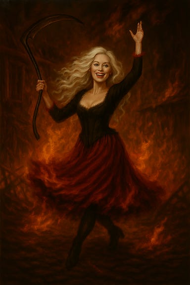 Create an image of Volenta dancing in the flames, with features inspired by Margot Robbie (not an exact likeness), and platinum blonde hair