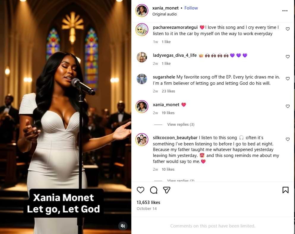 Screenshot of an Instagram post by AI singer Xania Monet showing her singing “Let Go, Let God” in a church like setting. The accompanying story: Xania, powered by Suno and R&B lyrics from Telisha Jones, broke into the U.S. charts and signed a multimillion dollar record deal—marking one of the first major commercial successes of an AI generated music act.