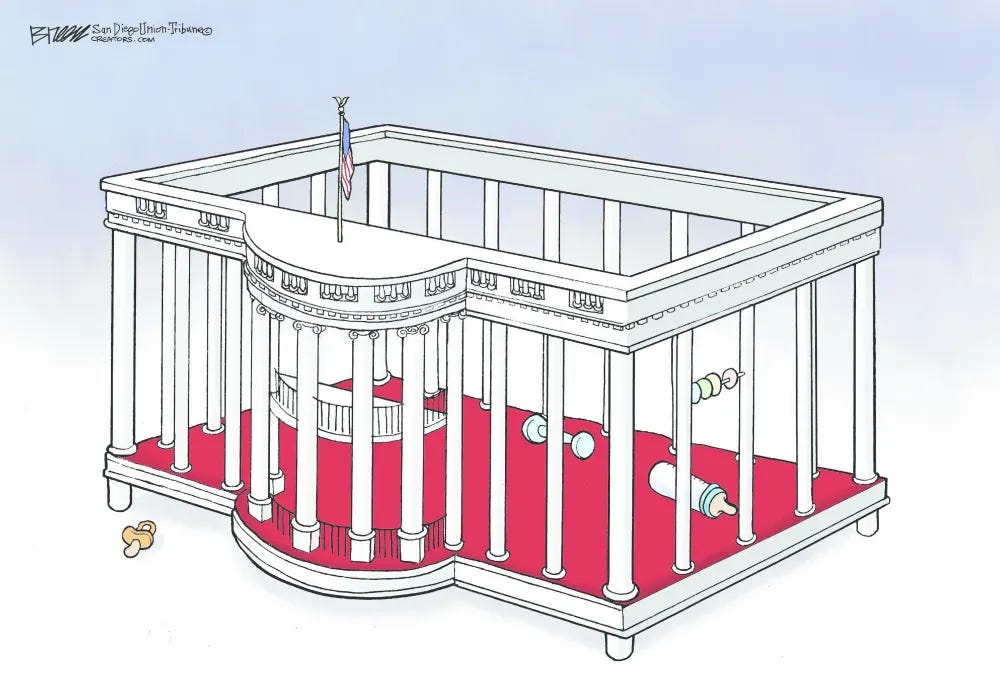 Cartoon of the white house depicted as a playpen, complete with rattles and bottle 