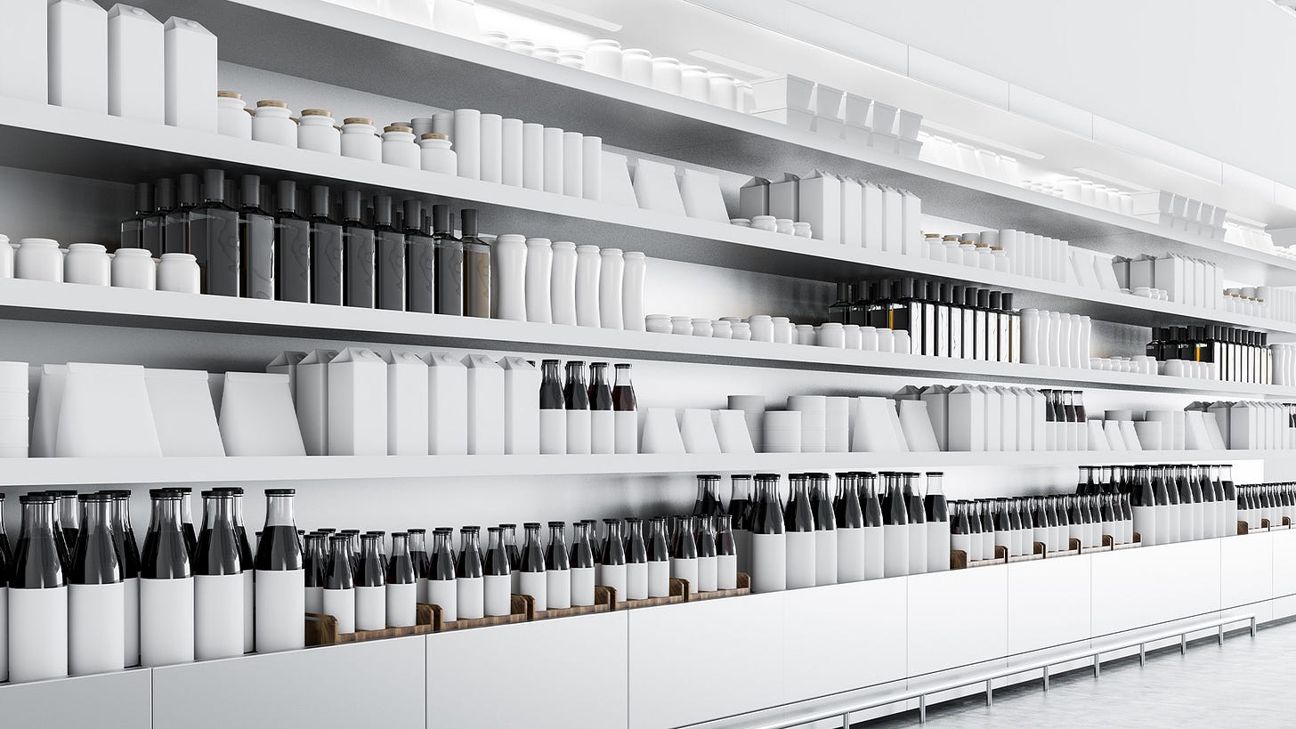 Clean retail shelf stocked with rows of bottles for food and beverage marketing