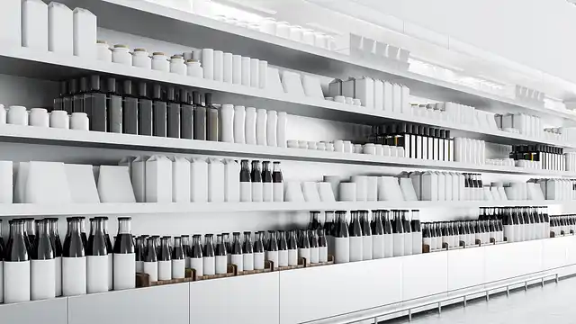 Clean retail shelf stocked with rows of bottles for food and beverage marketing