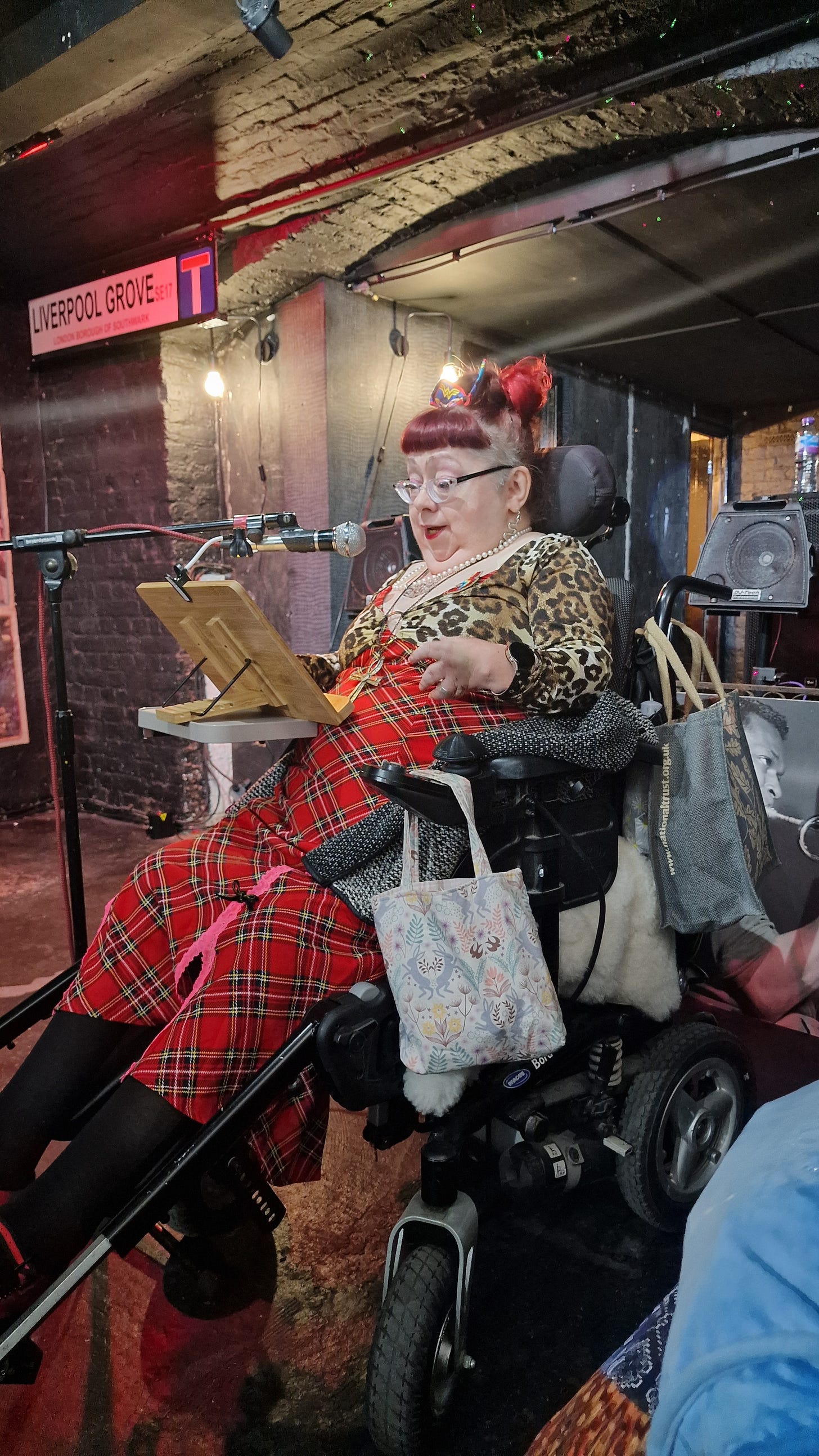 A photo of Penny performing at the Stretched Lips punk poetry gig earlier this year. The scene is moody, in dark tones, browns and beiges, set inside an old building. It has a rough urban feel, with random strings of lights, bricks and pipes visible. In the upper-left corner, below a deep shadow, a standard road sign hangs, large black lettering on a white background reading ‘Liverpool Grove’. Penny, a wheelchair user, is wearing a long tartan dress with pink detailing and a leopard print crop top. Her red hair is in a high ponytail with a blunt fringe and side undercut. She is in front of an angled microphone, mid-flow in delivering a poem, in front of her on a small tray a wooden stand that holds manuscripts. She gestures with her hand, and there is a small, pale bag hanging from her chair in the centre of the photo.