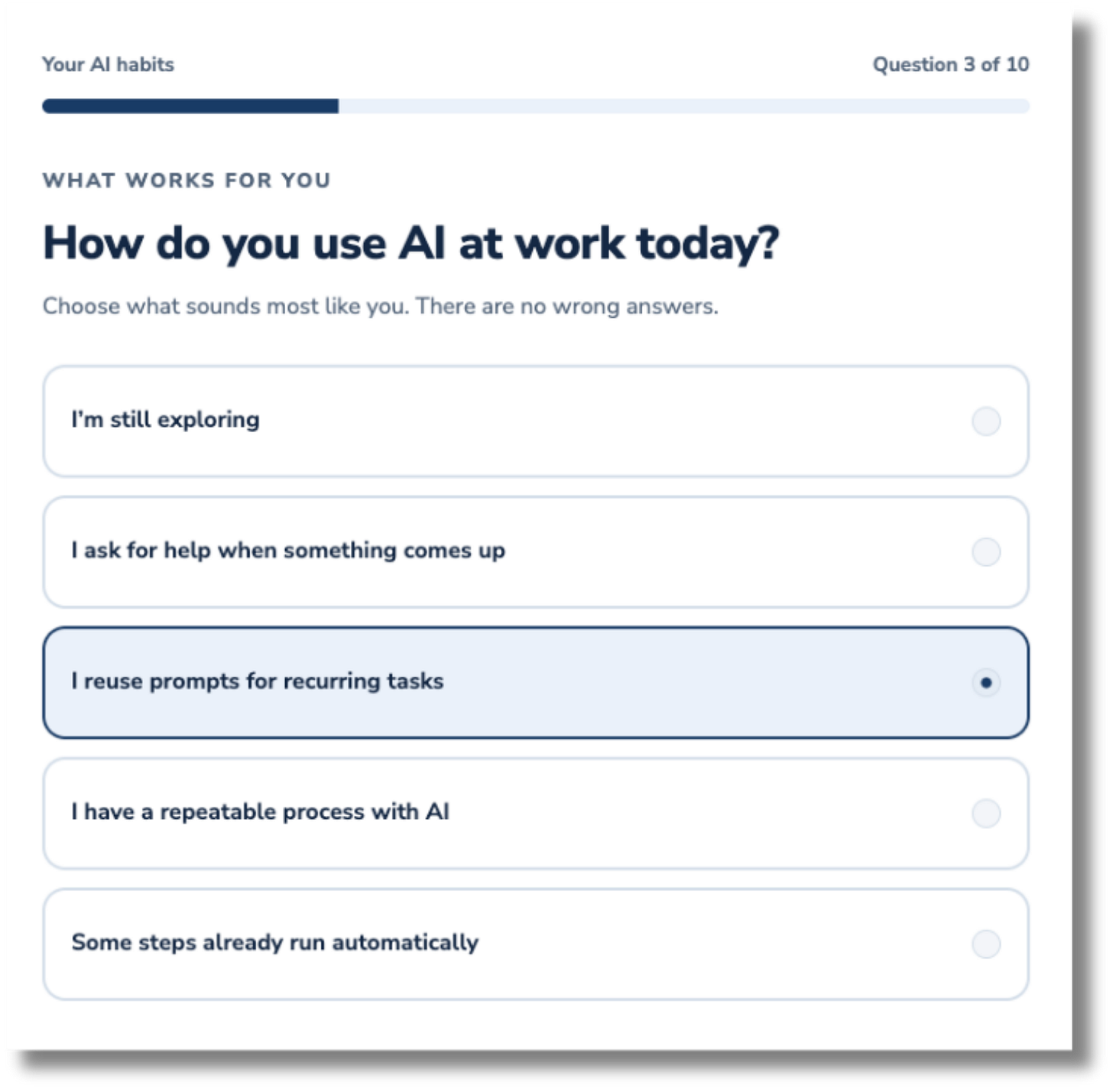 AI workflow quiz asking “How do you use AI at work today?” with five answer choices and a progress bar showing question 3 of 10.