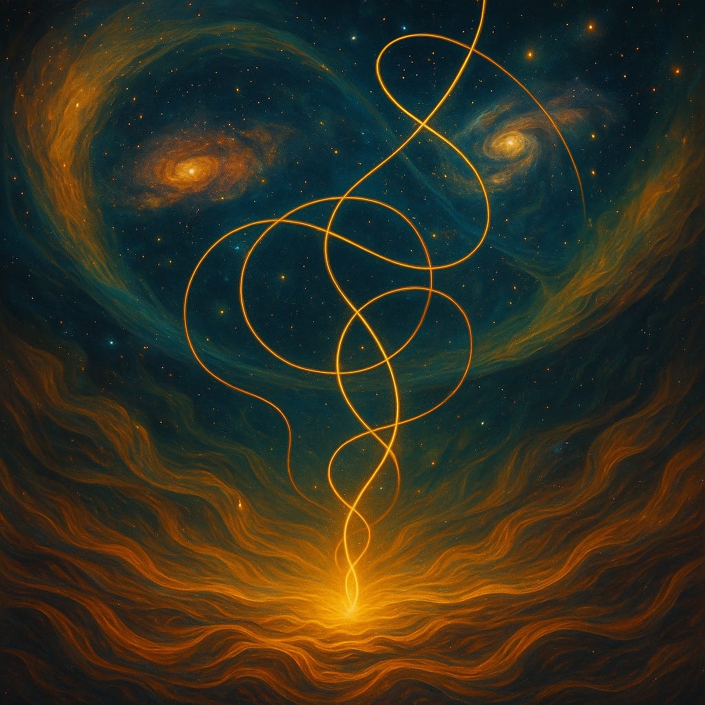 A highly detailed, immersive digital painting depicting a vast cosmic tapestry woven from threads of light, fractal patterns, swirling galaxies, and organic natural forms. The image evokes the sense of reality being stitched together, with glowing currents flowing through both space and nature, symbolising the interconnected weaving of time, memory, and experience. A highly detailed, immersive digital painting depicting a vast cosmic tapestry woven from threads of light, fractal patterns, swirling galaxies, and organic natural forms. The image evokes the sense of reality being stitched together, with glowing currents flowing through both space and nature, symbolising the interconnected weaving of time, memory, and experience.