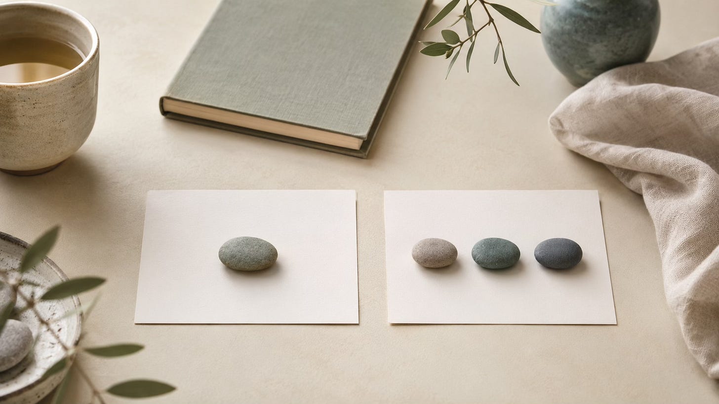 Two blank papers with one stone on one side and three stones on the other, symbolizing choosing between focused EFT support and a longer private process.