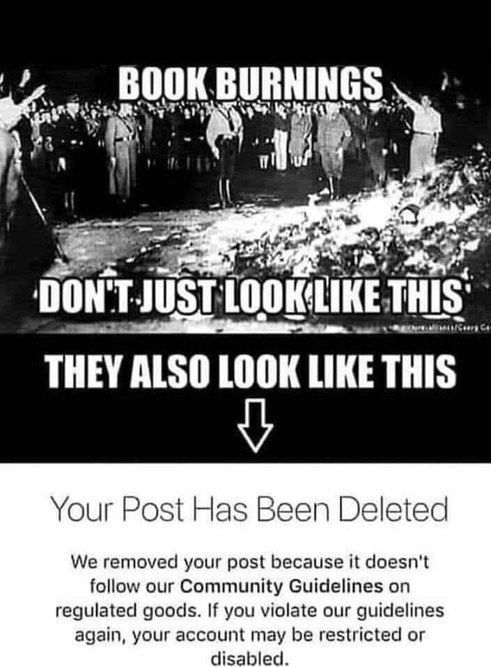 May be an image of text that says 'BOOK BURNINGS DON'T-JUST JUST LOOKLIKE THIS THEY ALSO LOOK LIKE THIS Your Post Has Been Deleted We removed your post because it doesn't follow our Community Guidelines on regulated goods. If you violate our guidelines again, your account may be restricted or disabled.'