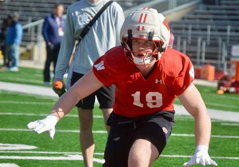 Wisconsin inside linebackers participate in individual position drills during the Badgers' spring football practice Saturday inside Camp Randall Stadium. 
