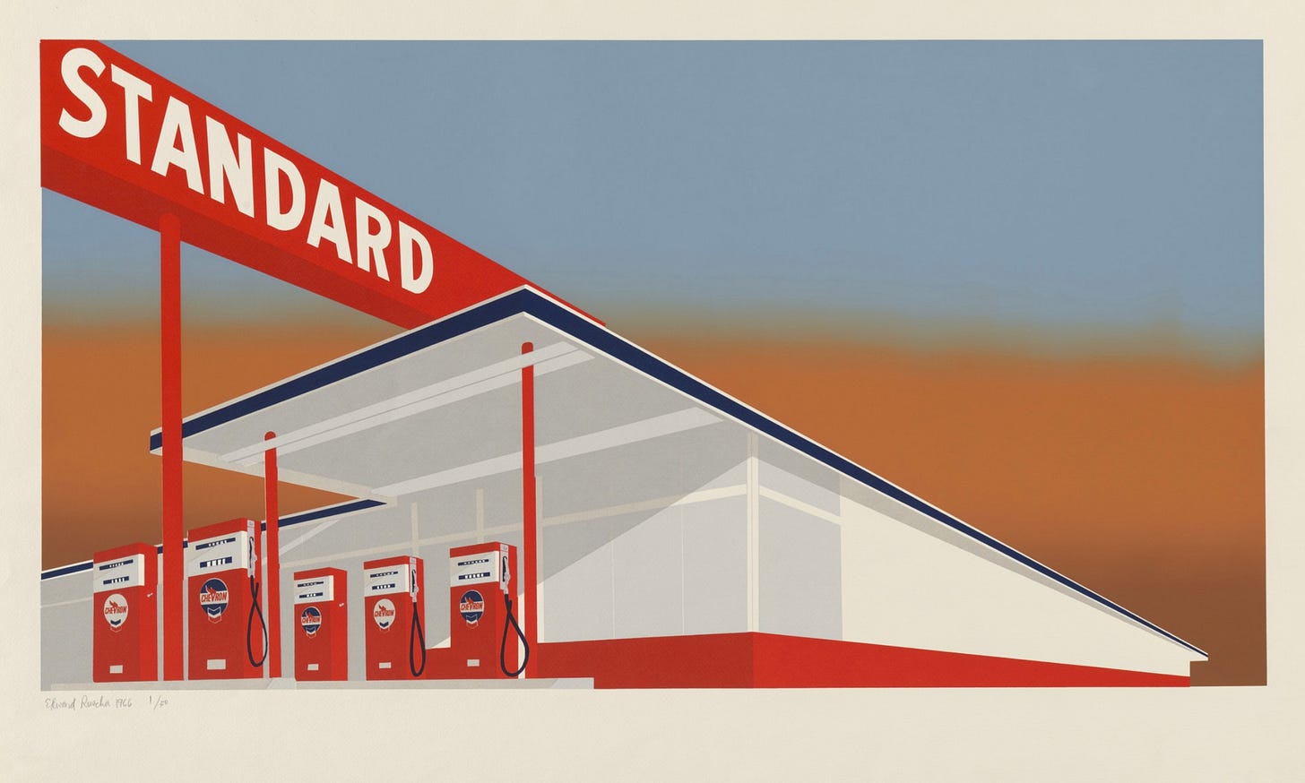 A bootleg screenshot of Ed Ruscha’s Standard Station painting from 1966 that is housed the Museum of Modern Art (MoMA) in New York City.