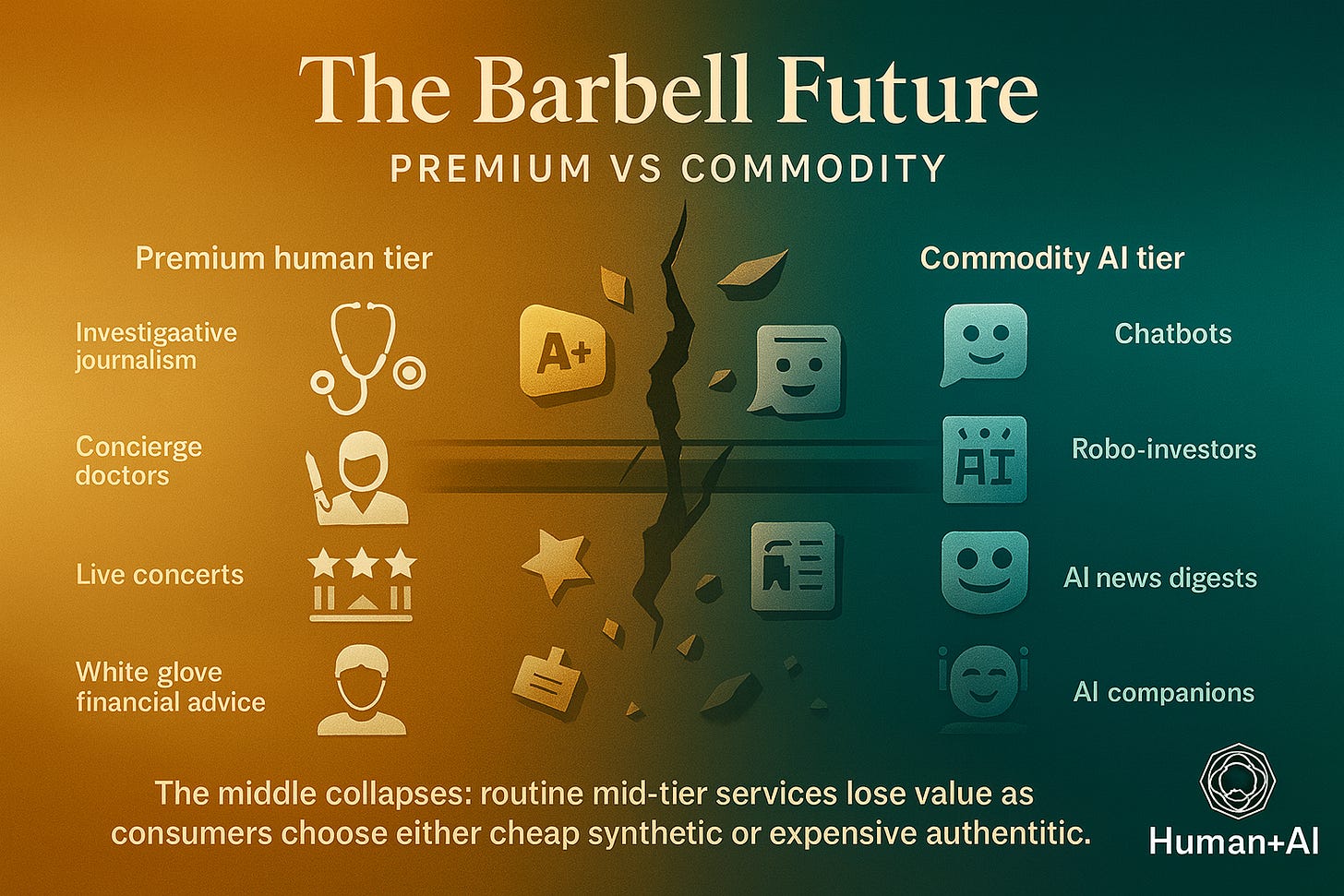 An infographic titled “The Barbell Future: Premium vs Commodity.” The layout shows three sections across a horizontal bar. On the left, icons in amber-gold represent premium human services: investigative journalism, concierge doctors, human tutors, live concerts, and financial advisors. On the right, icons in teal-blue represent commodity AI services: chatbots, robo-investors, AI tutors, AI news digests, and AI companions, repeated to suggest mass production. In the center, a gray band labeled “The Middle Collapses” shows faded, broken icons for mid-tier services like schools, hospitals, and offices. The background uses the Human+AI brand palette gradient, with the Human+AI logo in the bottom right corner.