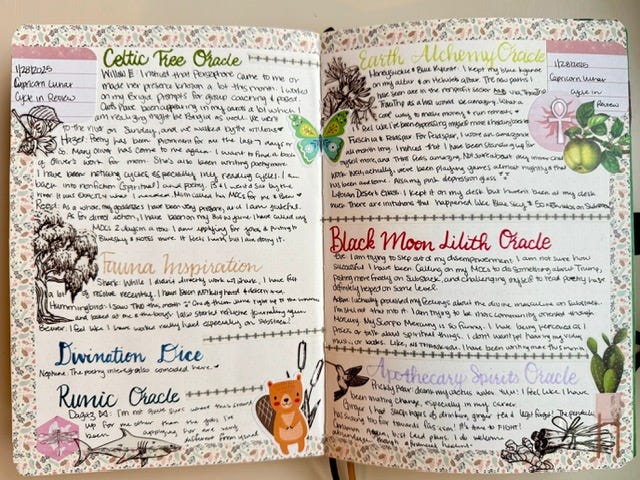 photos of journal entries. First reads september and has a fall themed collage. Pages 2 and 3 are of new moon oracle card readings I have done for myself complete with corresponding stickers like butterflies, plants, and crystals. The final page is dutch doors that has my income and expenses along with a cute autumn orange and purple theme.