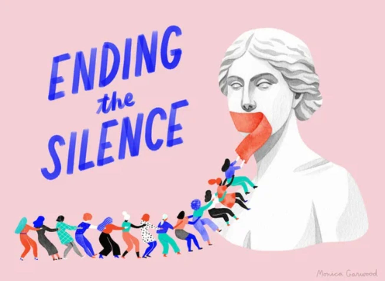 Illustration of a classical bust with red tape over its mouth, while a group of diverse people work together to pull the tape away. Text reads “Ending the Silence.”
