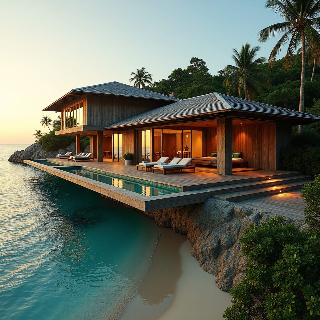 Vast, modern, one-story Jamaican timber home, 10 bedrooms wide, with expansive glass windows, cantilevered platforms, and gleaming glass pools, seamlessly integrated into the beachside landscape of Portland, Jamaica. Weathered wooden accents and lush greenery blend harmoniously with the structure, as warm, golden light dances across the facade.