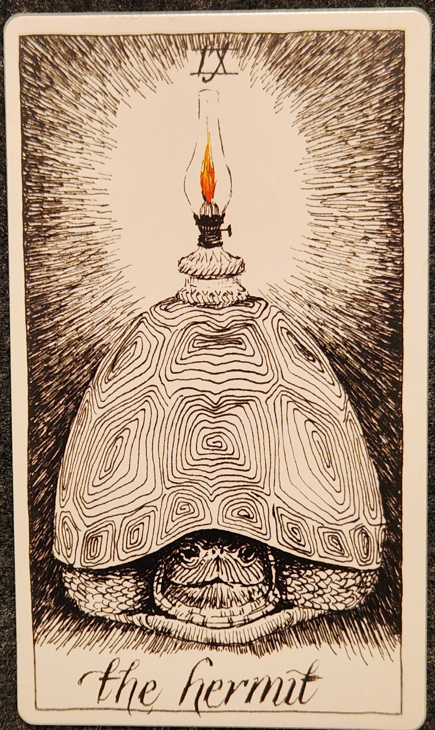 A tarot card labelled IX the hermit. A large tortoise has retreated into his shell, his head visible and looking straight forward. On the tortoise’s back is a lit lantern with a tall yellow and orange flame. 