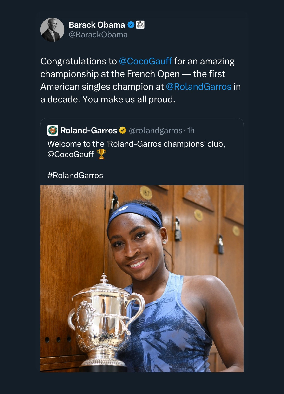 Obama congratulating Coco on winning the French Open 