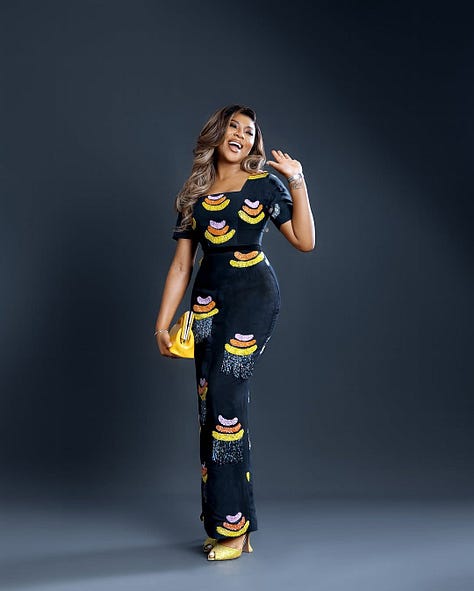 L-R: Mo Abudu in Ciscacecil, Osas Ighodaro in Hertunba ss25, Stephanie Coker in Yeside Laguda, Mimi Onalaja in Isale Eko from Derin, Mimi Yina in Medlin Couture, and Mercy Aigbe in Ejiro Amos Tafiri ss25.