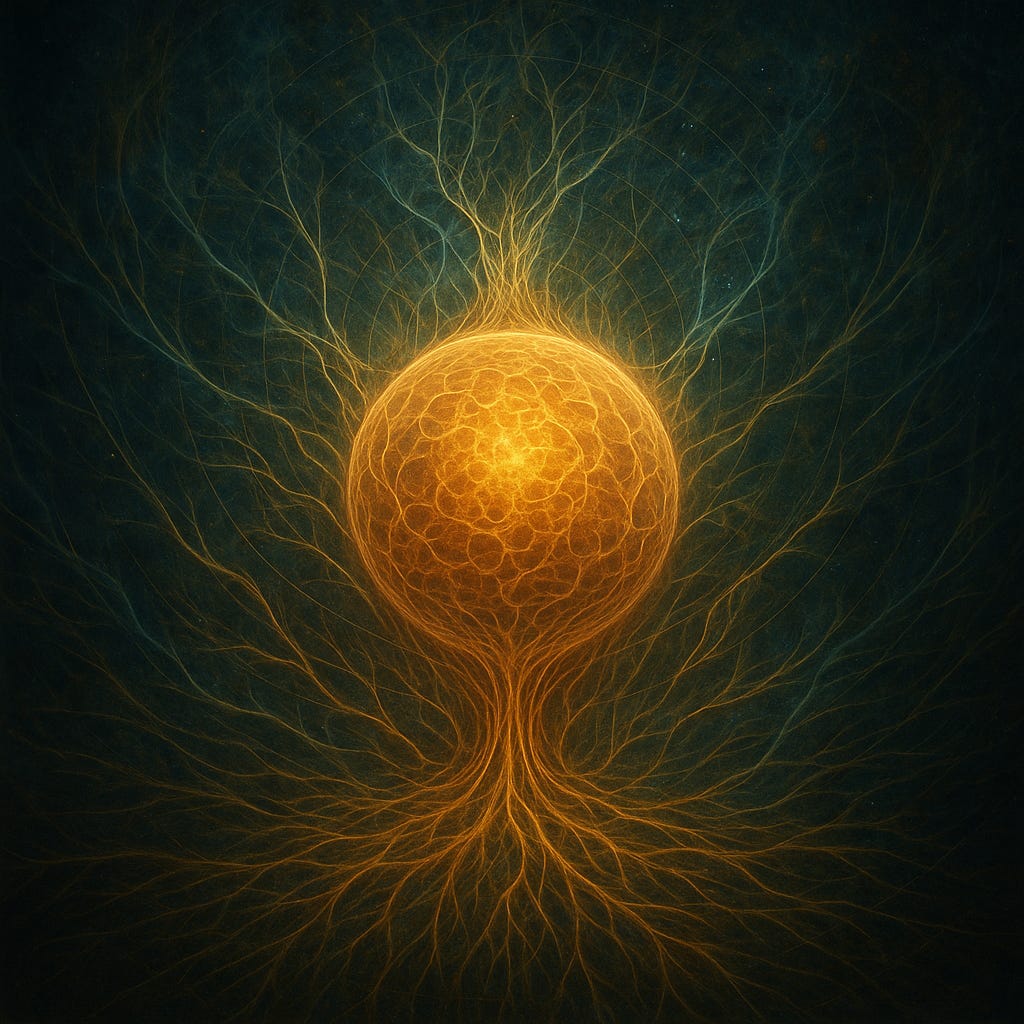 A luminous golden sphere floats at the centre of the image, its surface textured with intricate, organic patterns. Fine tendrils of light radiate outward and downward, resembling both neural pathways and root-like structures, set against a dark, cosmic background faintly illuminated with stars and subtle swirling patterns. A luminous golden sphere floats at the centre of the image, its surface textured with intricate, organic patterns. Fine tendrils of light radiate outward and downward, resembling both neural pathways and root-like structures, set against a dark, cosmic background faintly illuminated with stars and subtle swirling patterns.