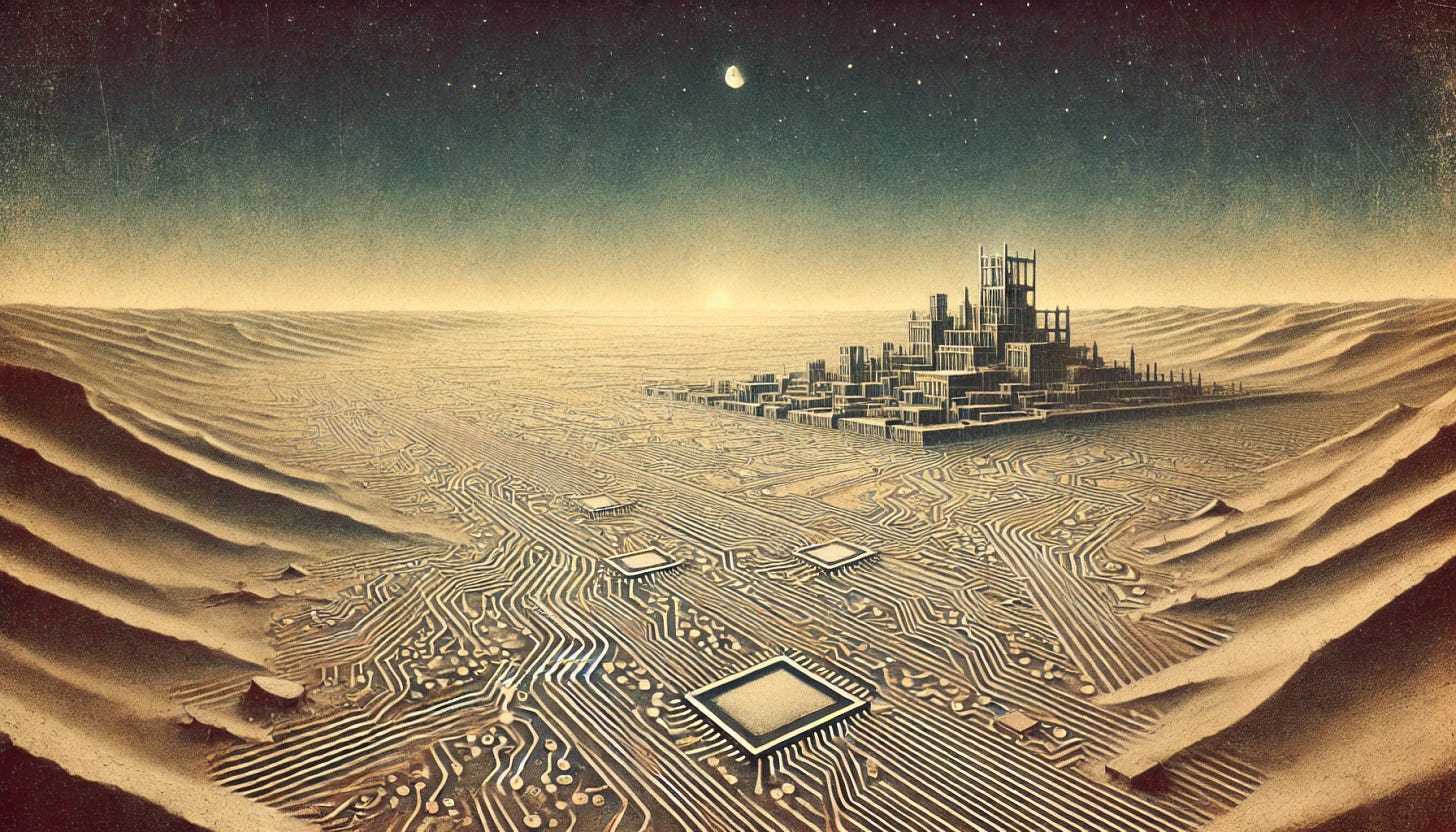 A vast, flat, and desolate desert landscape etched in a minimalist style, inspired by Piranesi, with less focus on buildings and more on barren emptiness. The dry, cracked desert floor is run through by intricate semiconductor pathways, glowing faintly against the arid expanse. The landscape is devoid of structures, emphasizing isolation and desolation. The semiconductor circuits appear delicate and technical, weaving through the vast empty desert with minimal details in the sky, leaving an eerie and empty atmosphere.