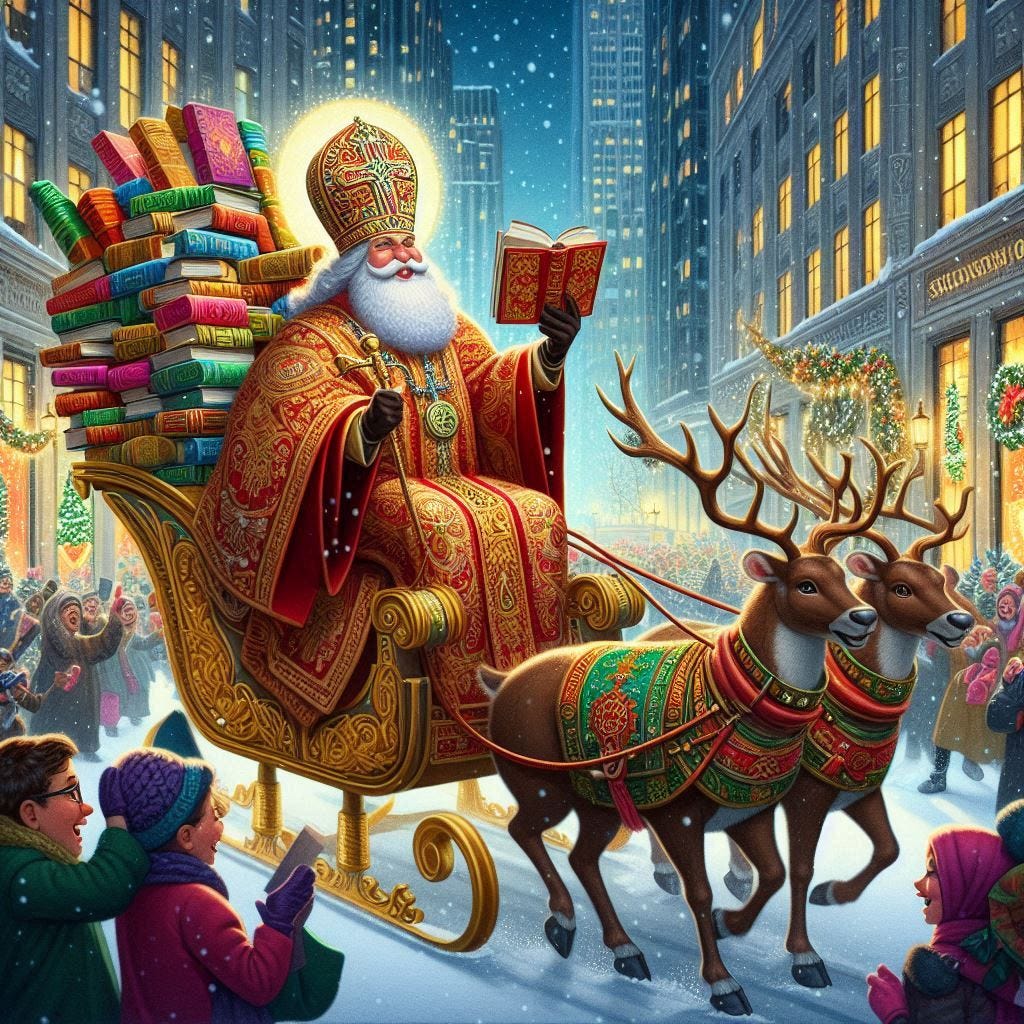 Saint Nicholas in his festive, holiday garb as an Orthodox Bishop, driving a reindeer-pulled sleigh loaded with based books, down a festive wintery street, a crowd of happy people holding books in the air and celebrating, drawn in an Art Deco style. Saint Nicholas in his festive, holiday garb as an Orthodox Bishop, driving a reindeer-pulled sleigh loaded with based books, down a festive wintery street, a crowd of happy people holding books in the air and celebrating, drawn in an Art Deco style.