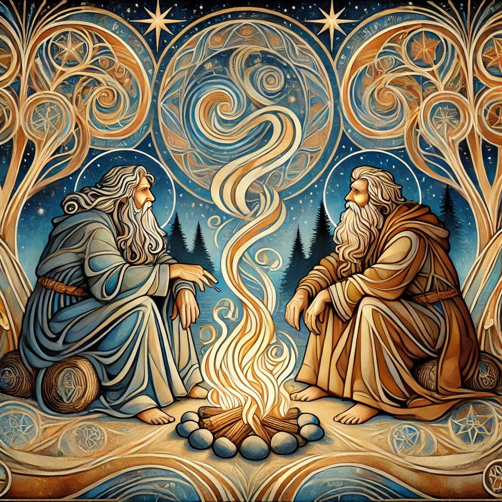 An Art Nouveau-style painting of Paul and Timothy as older men, sitting by a fire under a starlit sky, engaged in deep conversation. The artwork features flowing organic lines, rich floral patterns, and a warm, golden glow from the fire. Paul, an elder with a long beard, and Timothy, now mature, are depicted in a moment of wisdom-sharing and camaraderie. The background features stylized trees, swirling night skies, and decorative motifs, creating a serene and sacred atmosphere. The color palette includes deep blues, gold accents, and soft earth tones, enhancing the contemplative and spiritual mood.